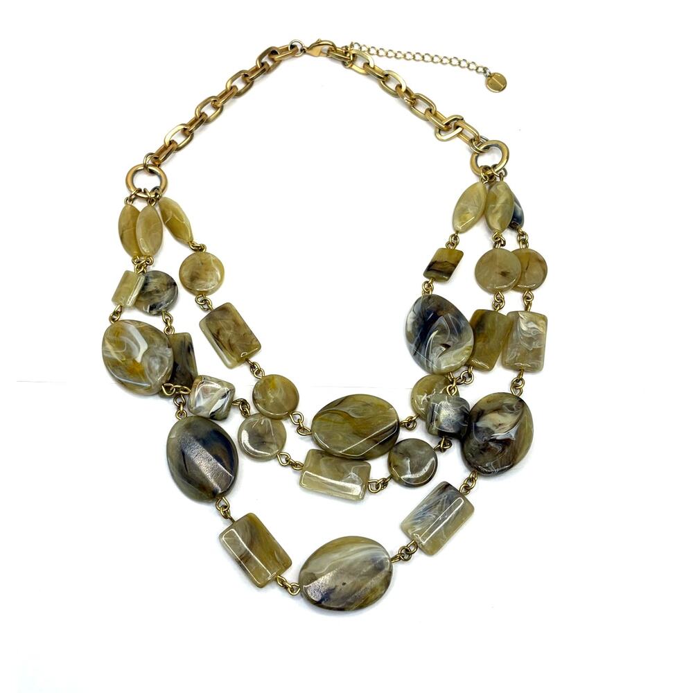 Talbots Acrylic Marble Chunky 3 Strand Layered Statement Necklace Gold Tone